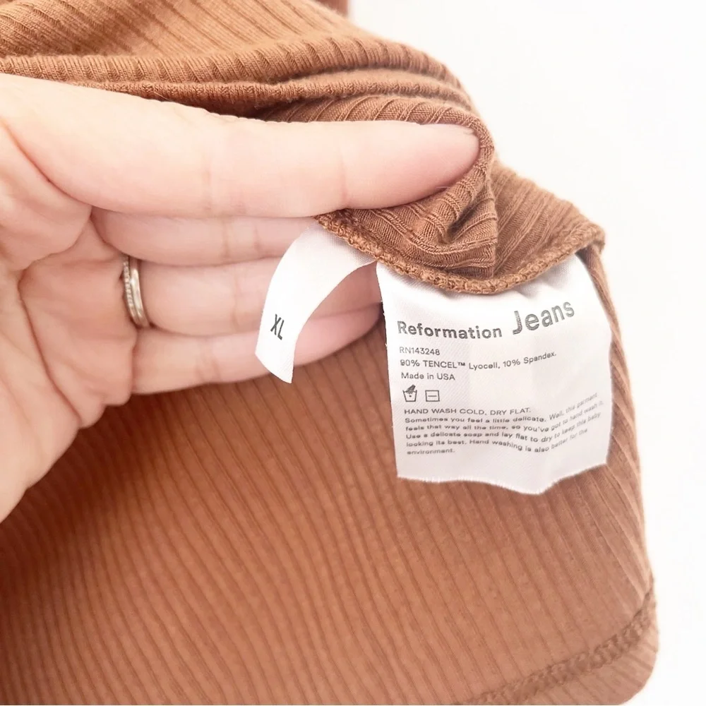 Reformation Ribbed Square Neck Top Brown Fitted Long Sleeve Stretch Blouse